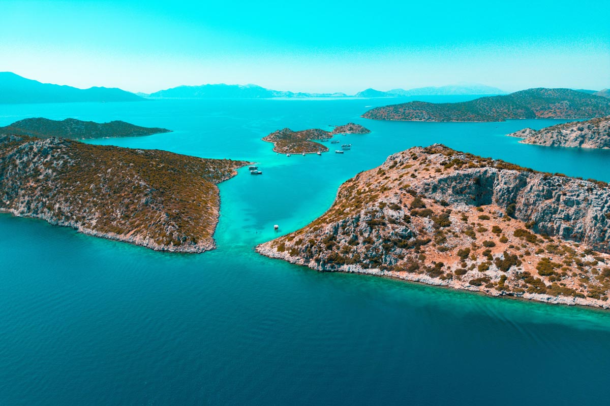 Tureky DD 07 Bozburun islands - Aerial view of the islands of Bozburun district and Aegean Sea coast and islands Mugla TURKEY