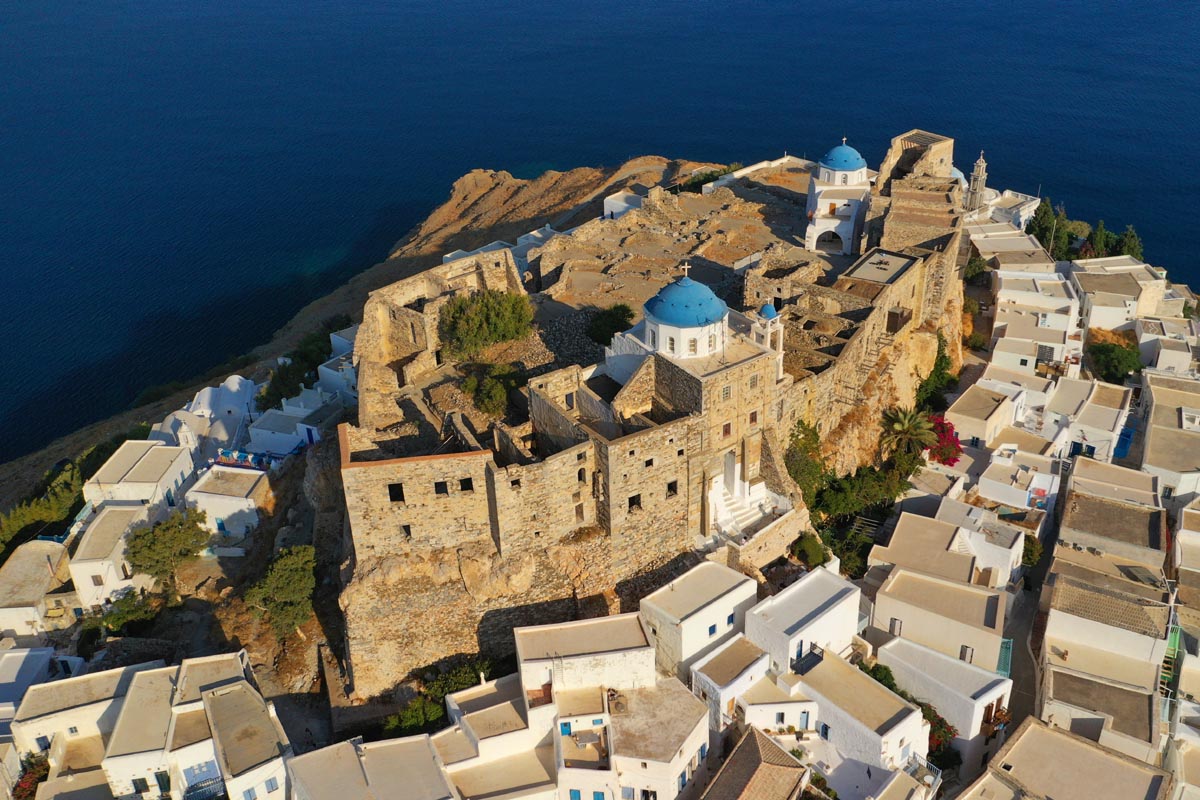 Dodecanese Astypalia aerial view of Chora iconic medieval fortified castle